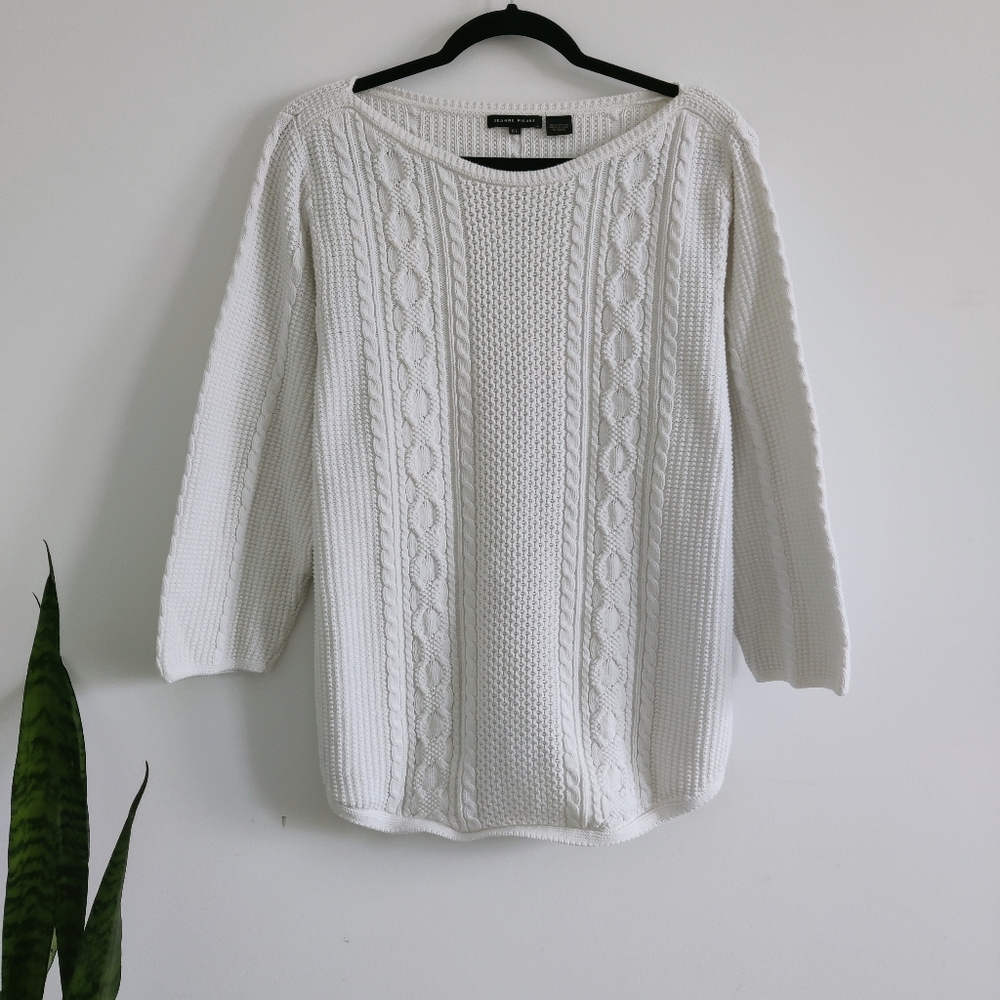 Jeanne Pierre White Boat Neck 3/4 Sleeve Cable Knit Sweater XL